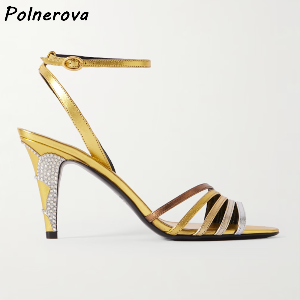 Gold-silberne Strass-Absatzsan – Summer Clothing Stores Bewertung und Preis